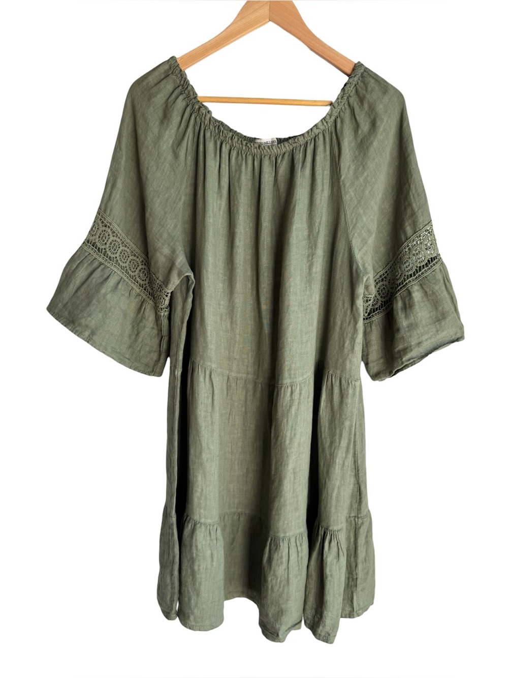 Terzo Millennio 100% Linen Dress XL Sage Green Tiered Half Sleeve Crochet Boho